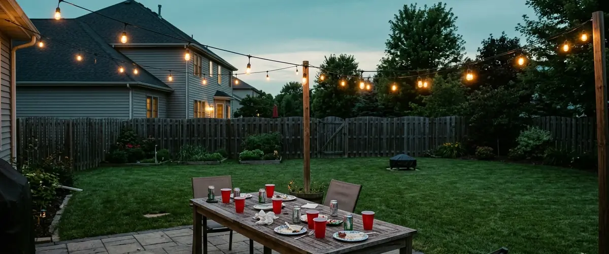 Backyard patio after a party with string lights